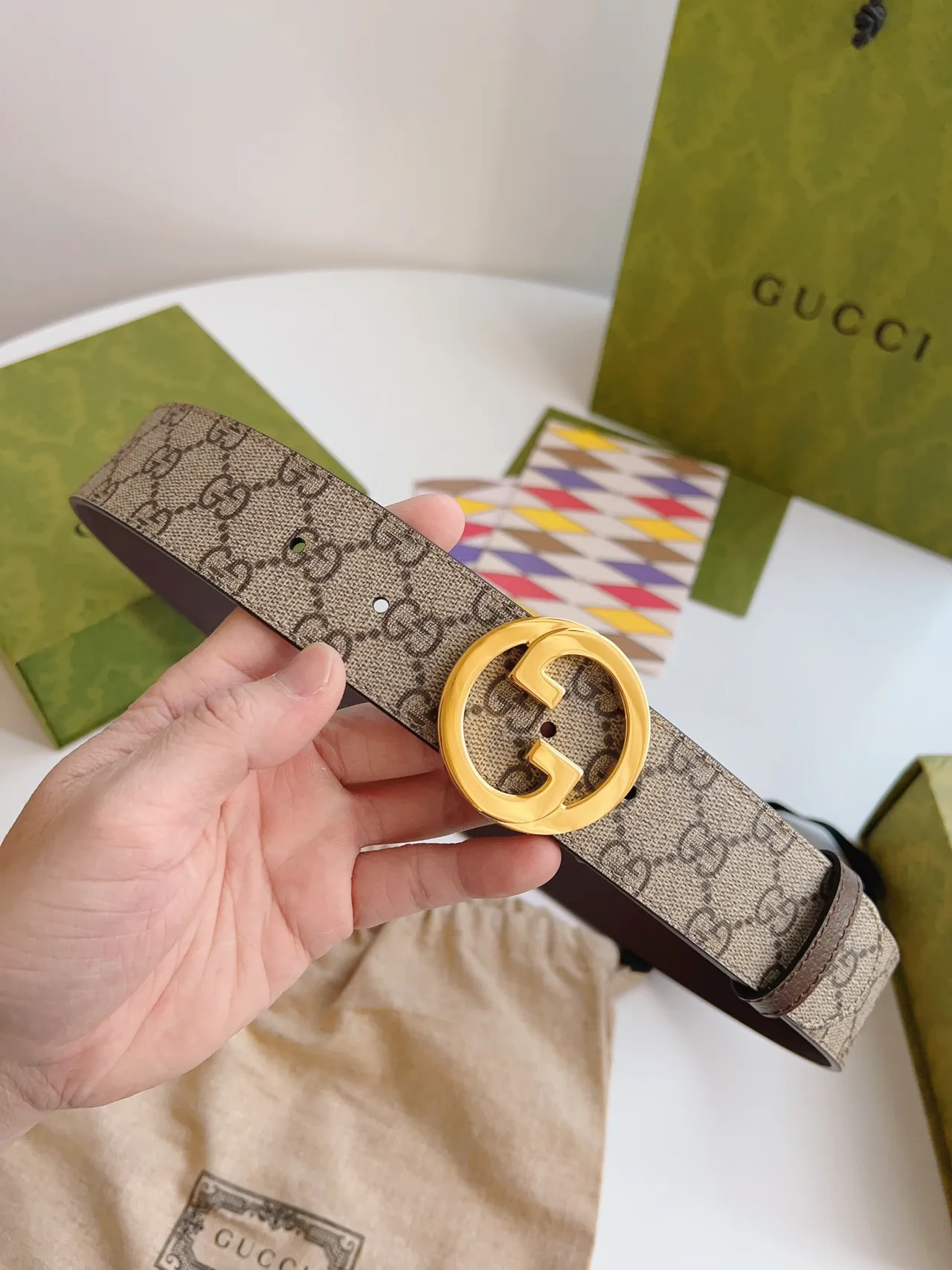 Gucci GG Marmont Interlocking G Buckle 米色帆布皮革腰带 6