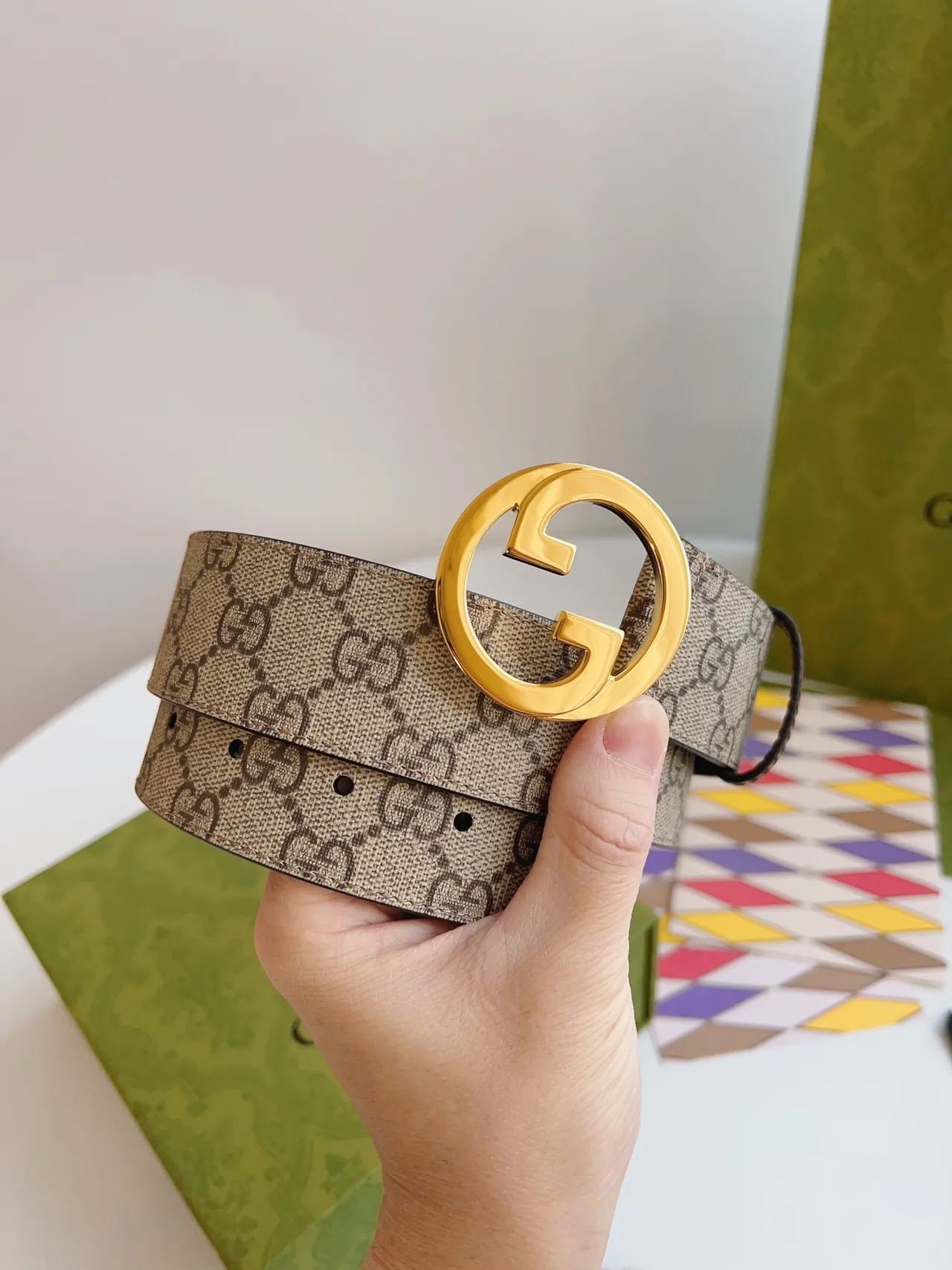 Gucci GG Marmont Interlocking G Buckle 米色帆布皮革腰带 7