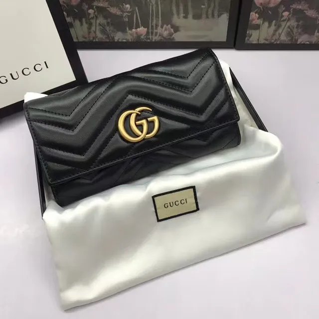 Gucci GG Marmont Quilted Chevron محفظة طويلة سوداء 3
