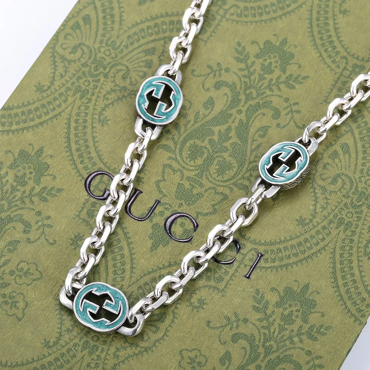 Gucci GG Marmont Silver Blue Curb Chain Three Circular Enamel Pendants Necklace 6