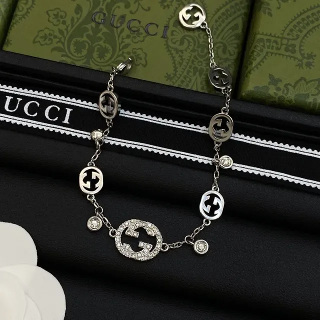 Gucci GG Marmont Silver White Interlocking G Motif Pavé Crystal Accents Necklace 2