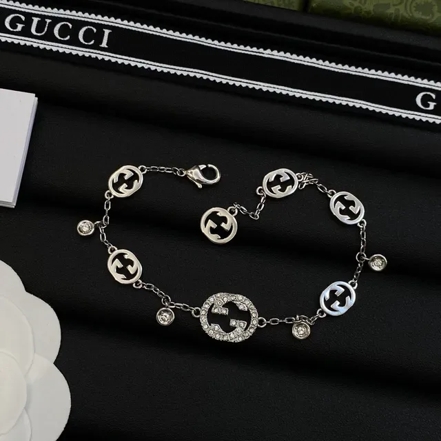 Gucci GG Marmont Silver White Interlocking G Motif Pavé Crystal Accents Necklace 3