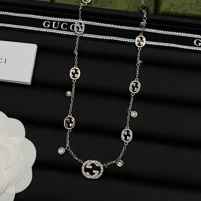 Gucci GG Marmont Silver White Interlocking G Motif Pavé Crystal Accents Necklace 4