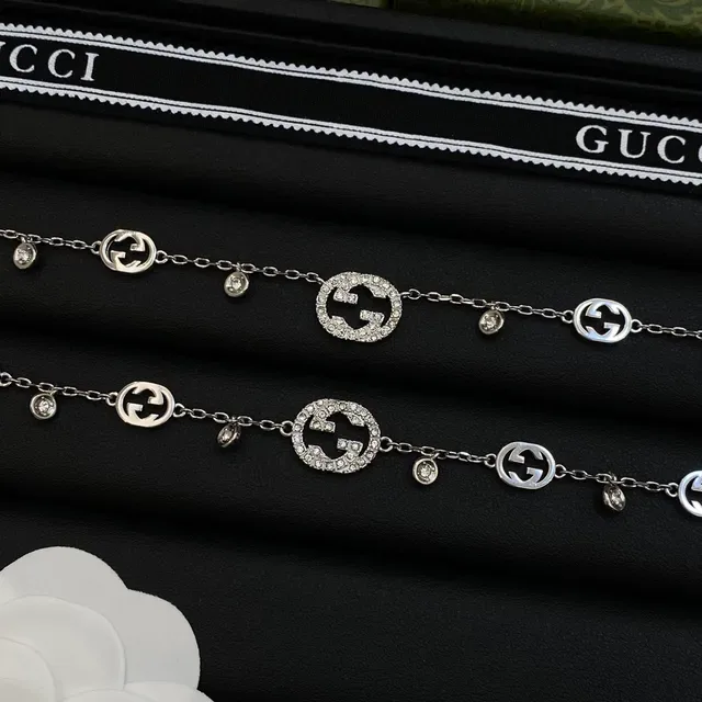 Gucci GG Marmont Silver White Interlocking G Motif Pavé Crystal Accents Necklace 5