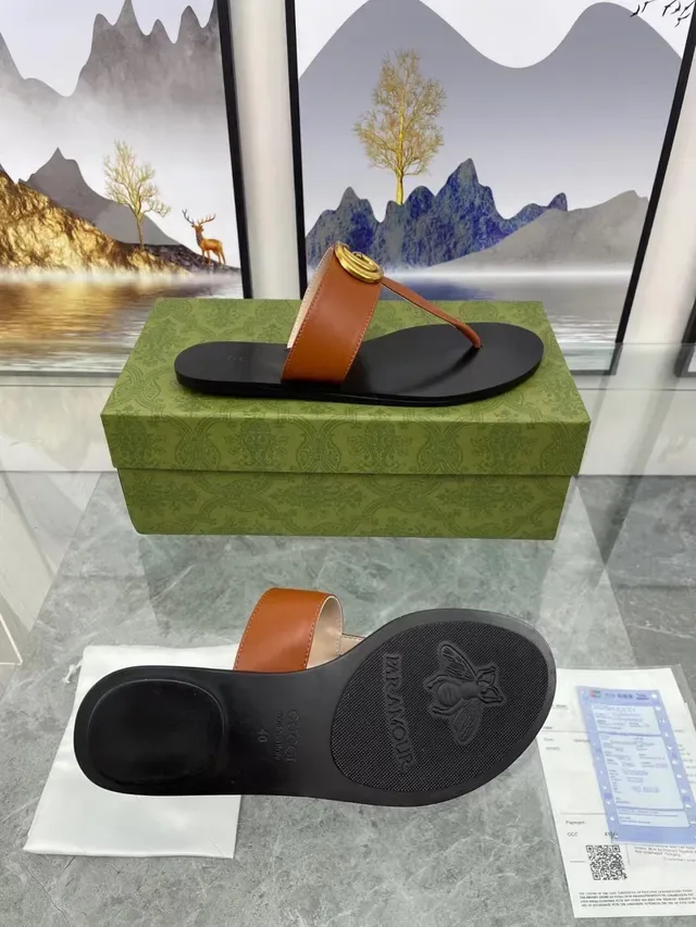 Gucci GG Marmont Tan Leather Gold Logo Casual Sandals 2