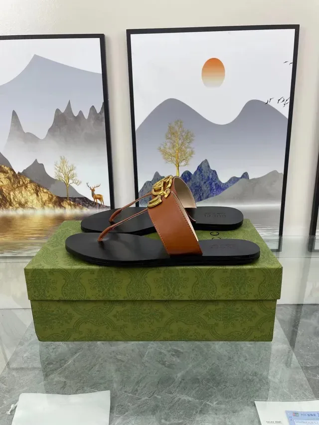 Gucci GG Marmont Tan Leather Gold Logo Casual Sandals 3