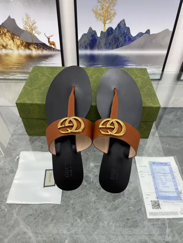 Gucci GG Marmont Tan Leather Gold Logo Casual Sandals 4