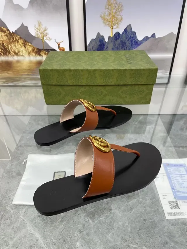 Gucci GG Marmont Tan Leather Gold Logo Casual Sandals 5
