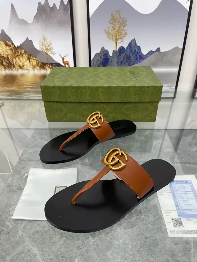 Gucci GG Marmont Tan Leather Gold Logo Casual Sandals 6