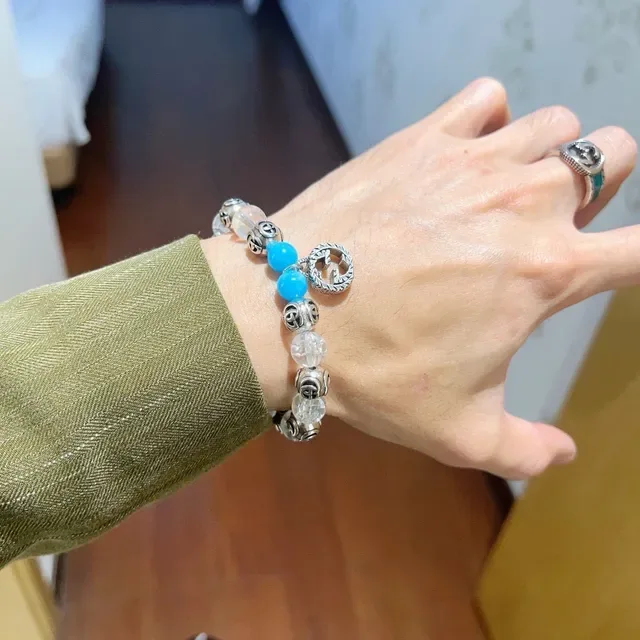 Bracelete Gucci GG Marmont Azul Transparente Interlocking G Charms Mix de Contas de Cristal e Turquesa 3