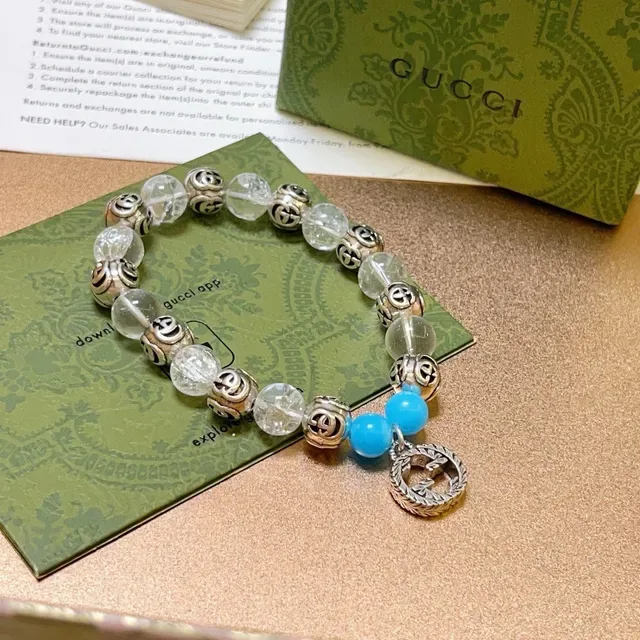 Bracelete Gucci GG Marmont Azul Transparente Interlocking G Charms Mix de Contas de Cristal e Turquesa 4