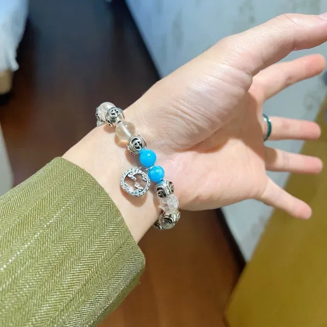 Bracelete Gucci GG Marmont Azul Transparente Interlocking G Charms Mix de Contas de Cristal e Turquesa 5