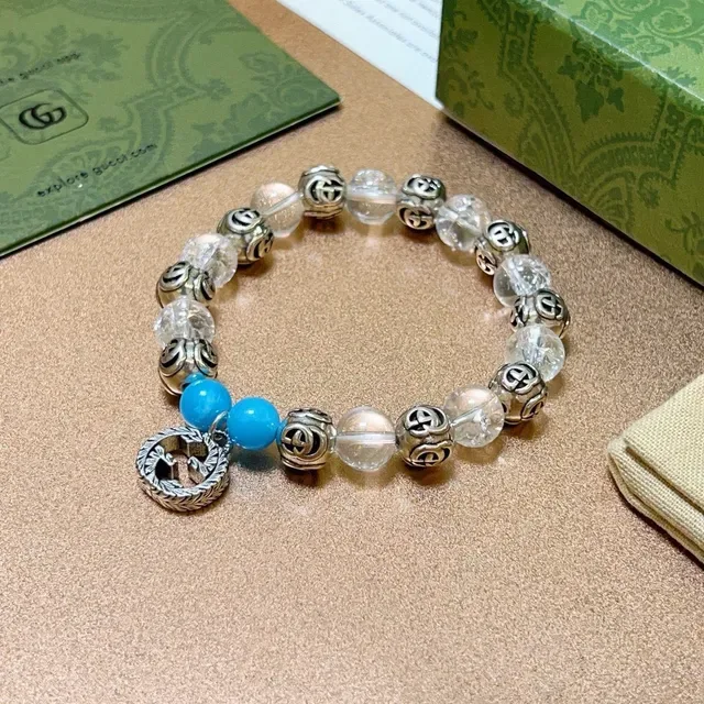 Bracelete Gucci GG Marmont Azul Transparente Interlocking G Charms Mix de Contas de Cristal e Turquesa 6
