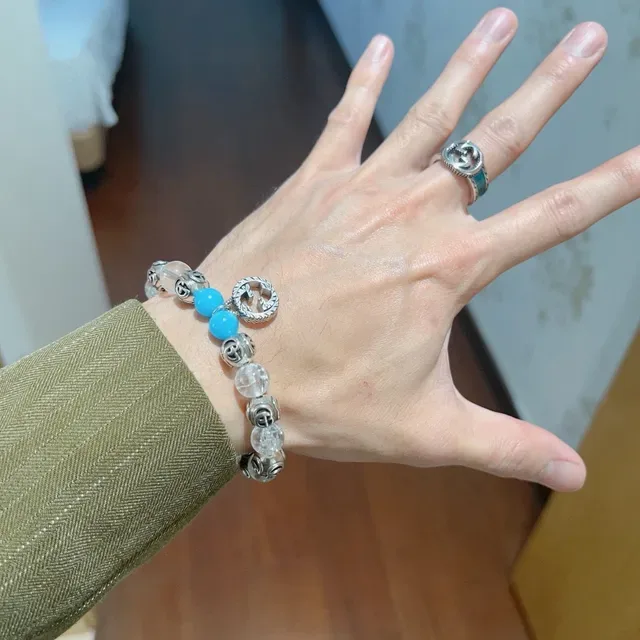 Bracelete Gucci GG Marmont Azul Transparente Interlocking G Charms Mix de Contas de Cristal e Turquesa 8