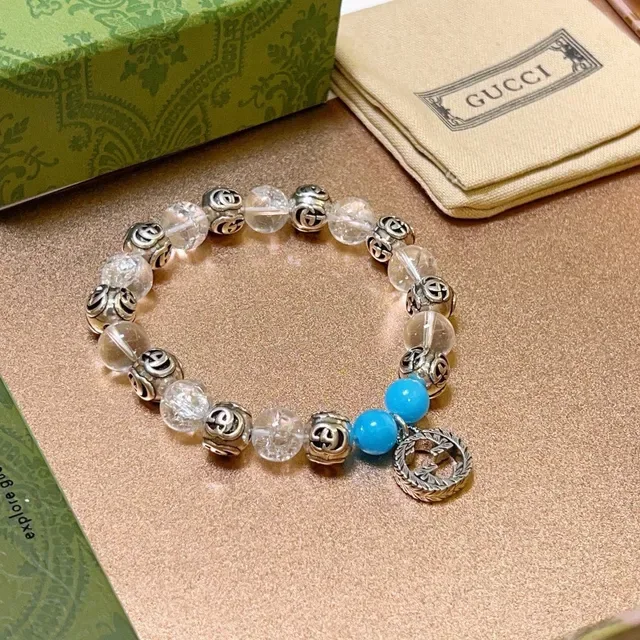 Bracelete Gucci GG Marmont Azul Transparente Interlocking G Charms Mix de Contas de Cristal e Turquesa 9