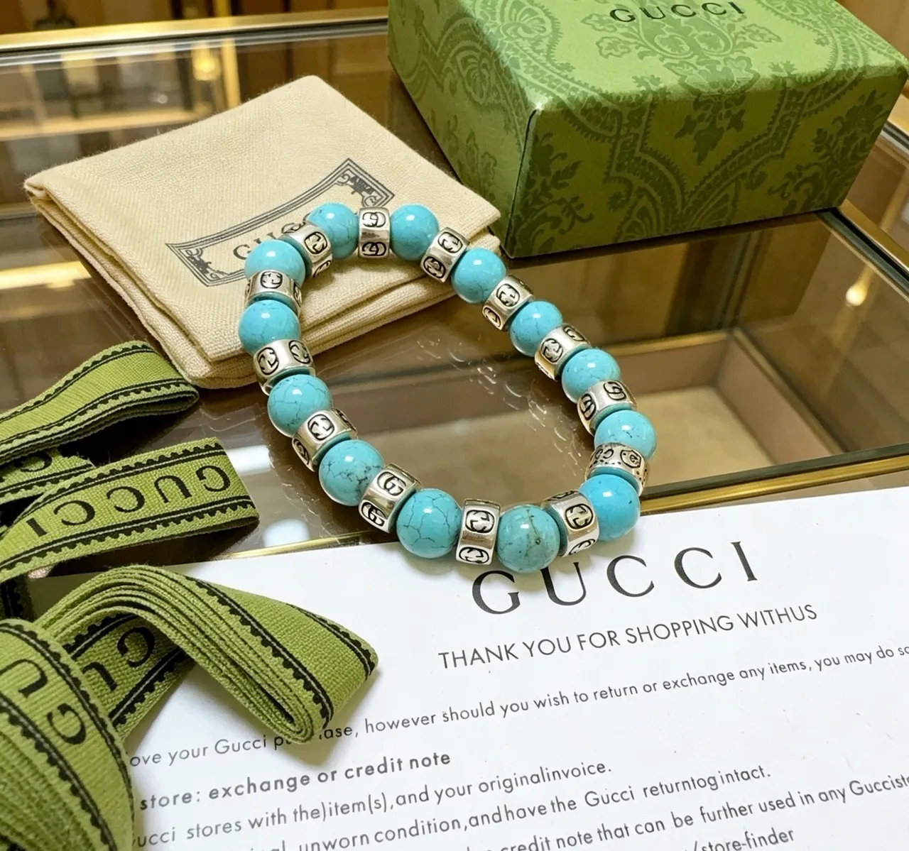 Gucci GG Marmont turquesa y tono plateado con cuentas pulsera elástica 2
