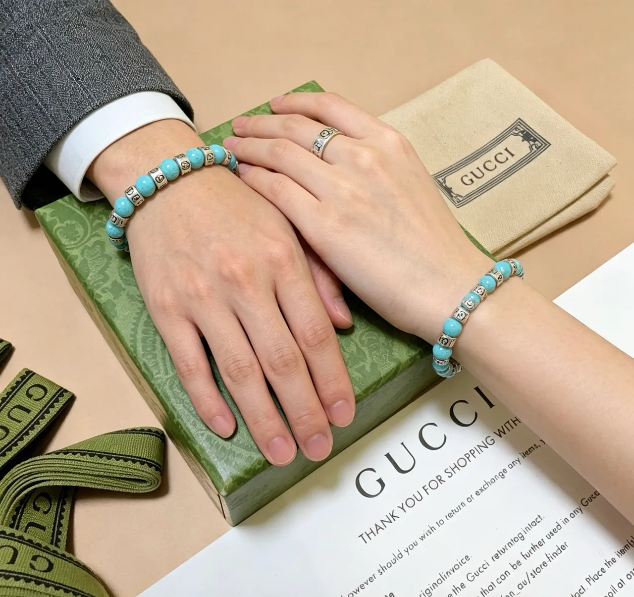 Gucci GG Marmont turquesa y tono plateado con cuentas pulsera elástica 3