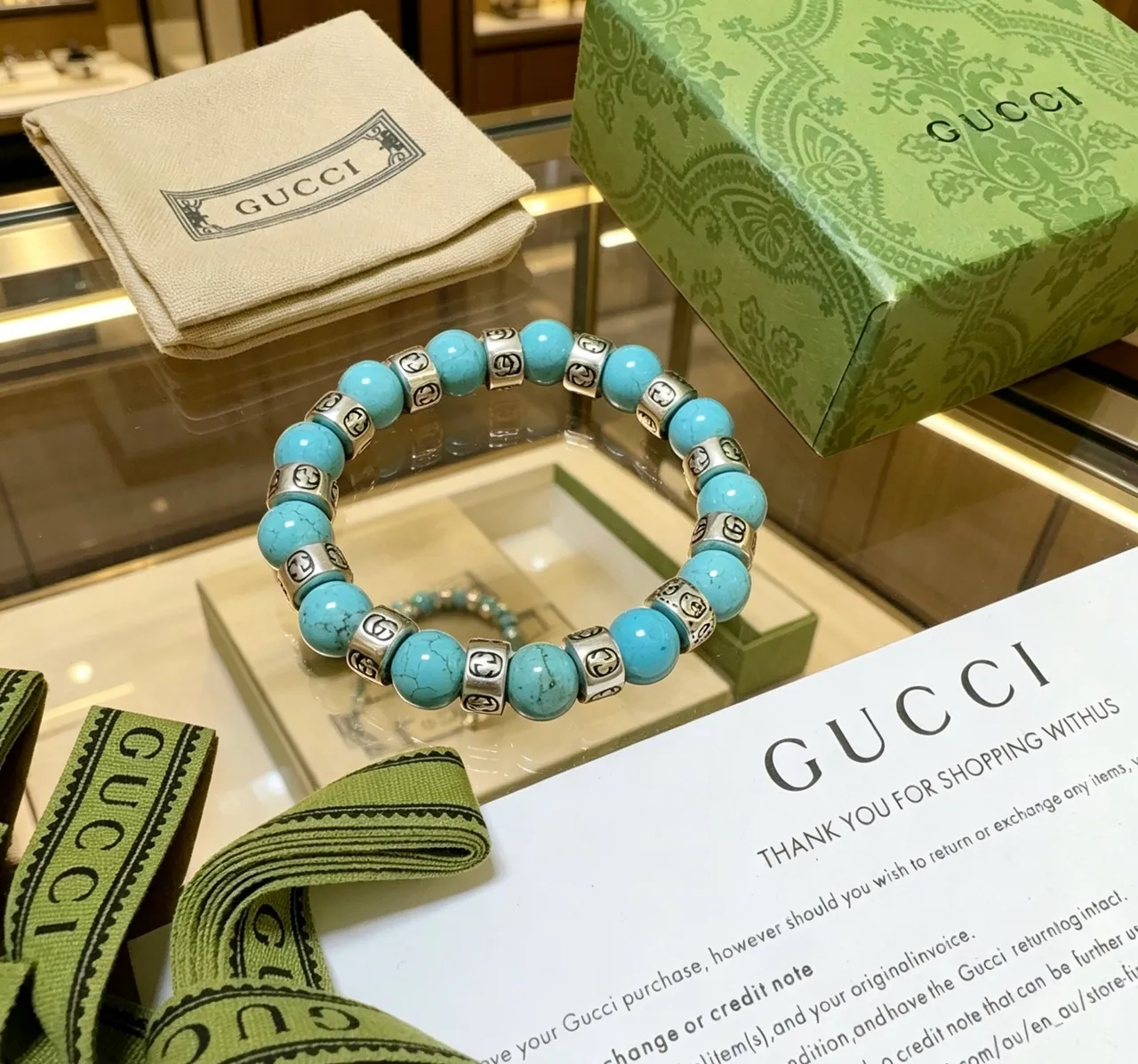 Gucci GG Marmont turquesa y tono plateado con cuentas pulsera elástica 4