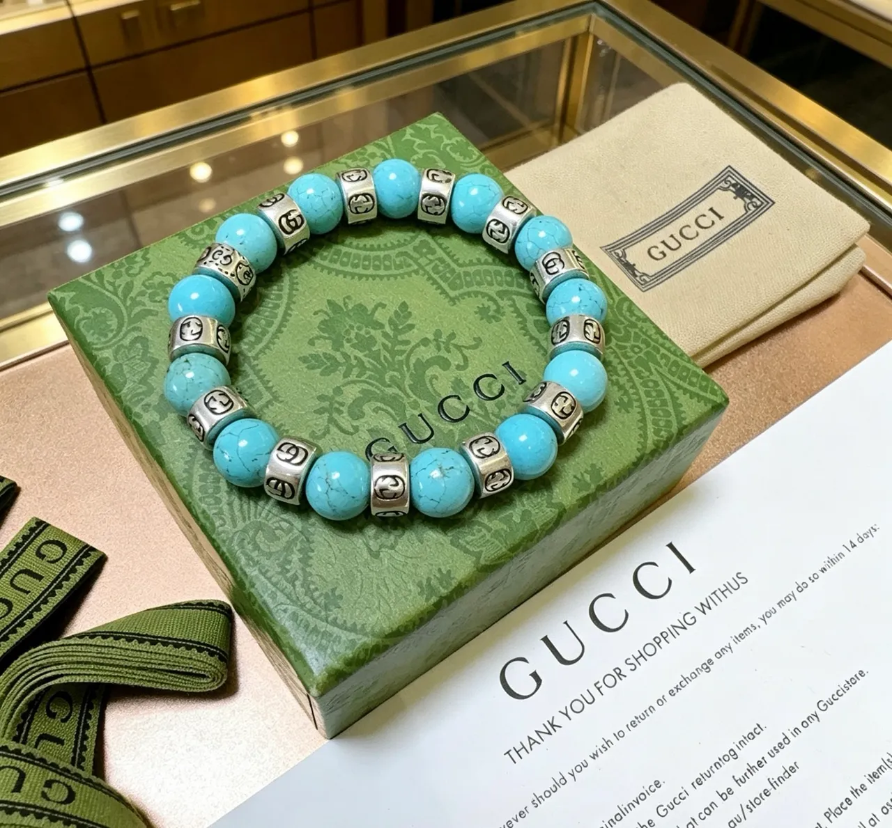Gucci GG Marmont turquesa y tono plateado con cuentas pulsera elástica 6