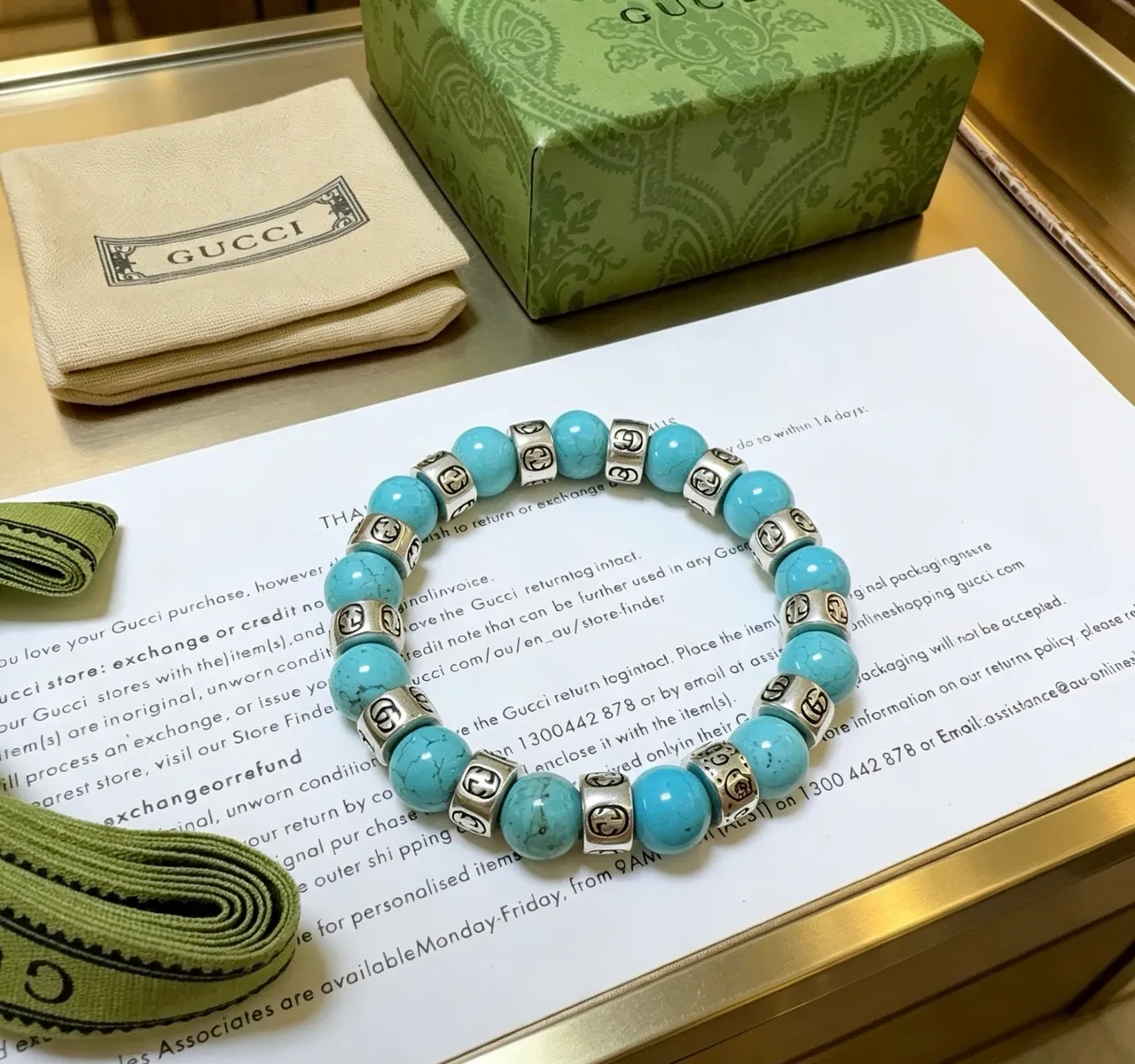 Gucci GG Marmont turquesa y tono plateado con cuentas pulsera elástica 7