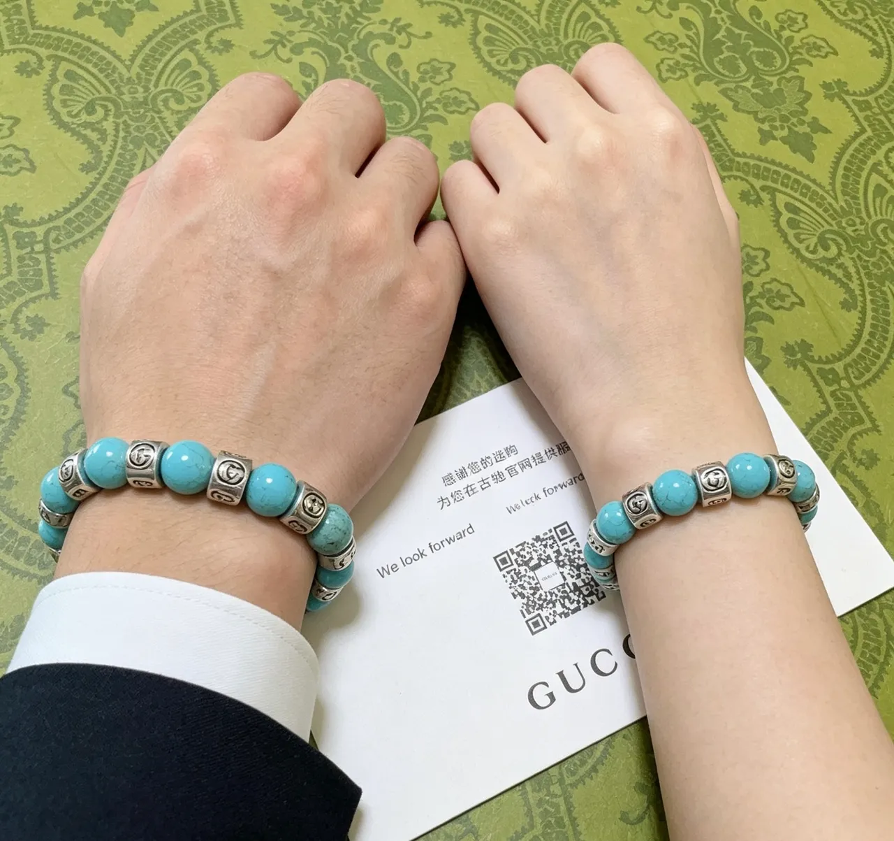Gucci GG Marmont turquesa y tono plateado con cuentas pulsera elástica 8