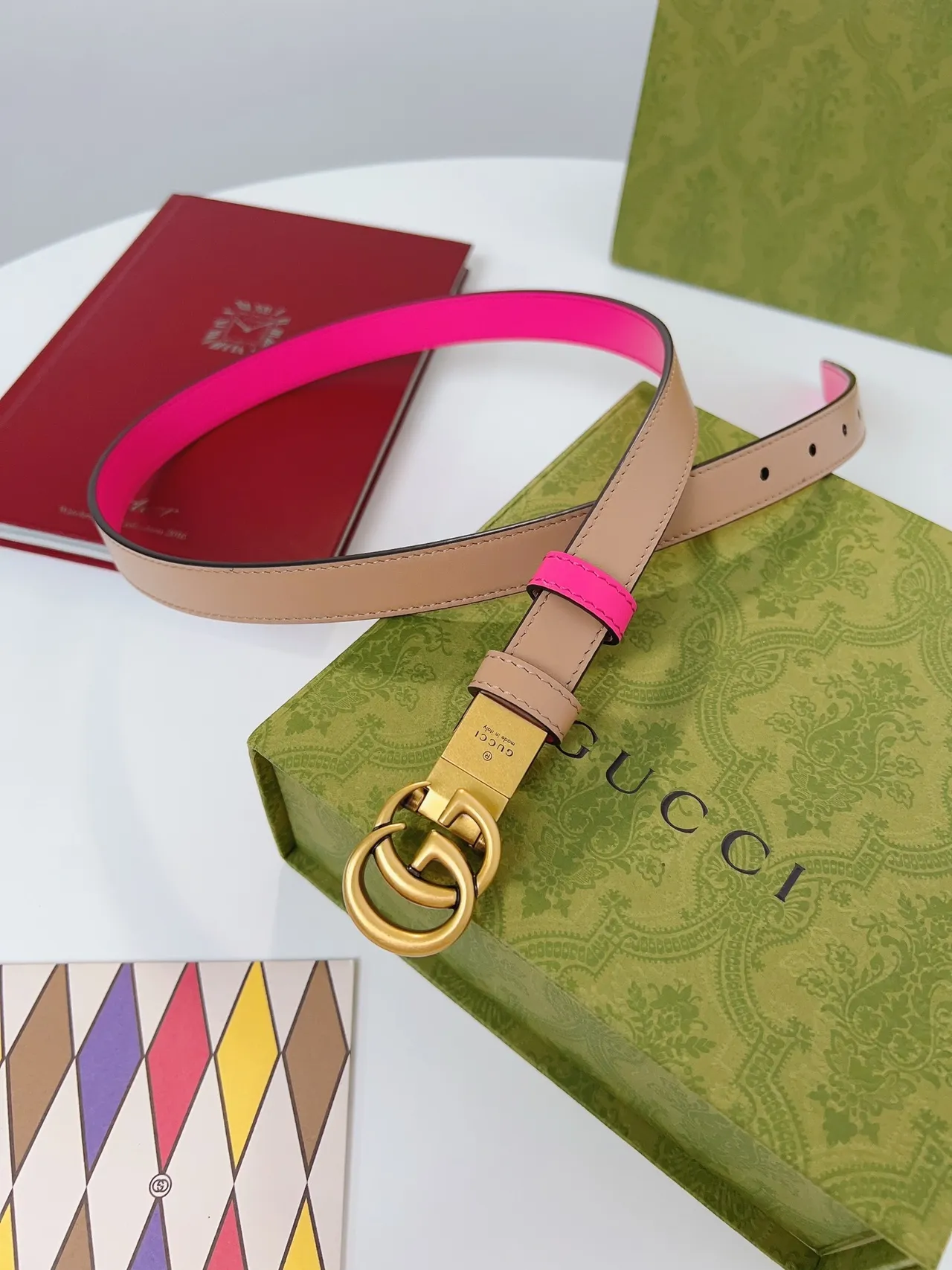 Gucci GG Marmont حزام جلدي ثنائي اللونين وردي وبيج 3