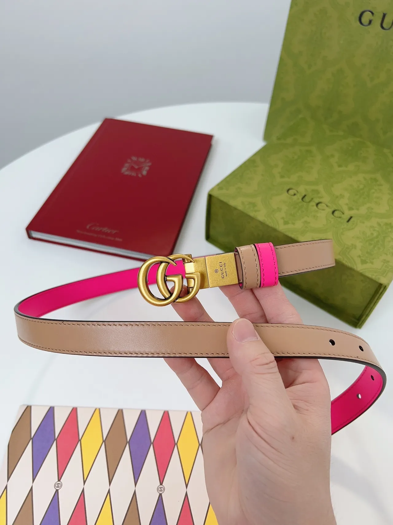 Gucci GG Marmont حزام جلدي ثنائي اللونين وردي وبيج 4