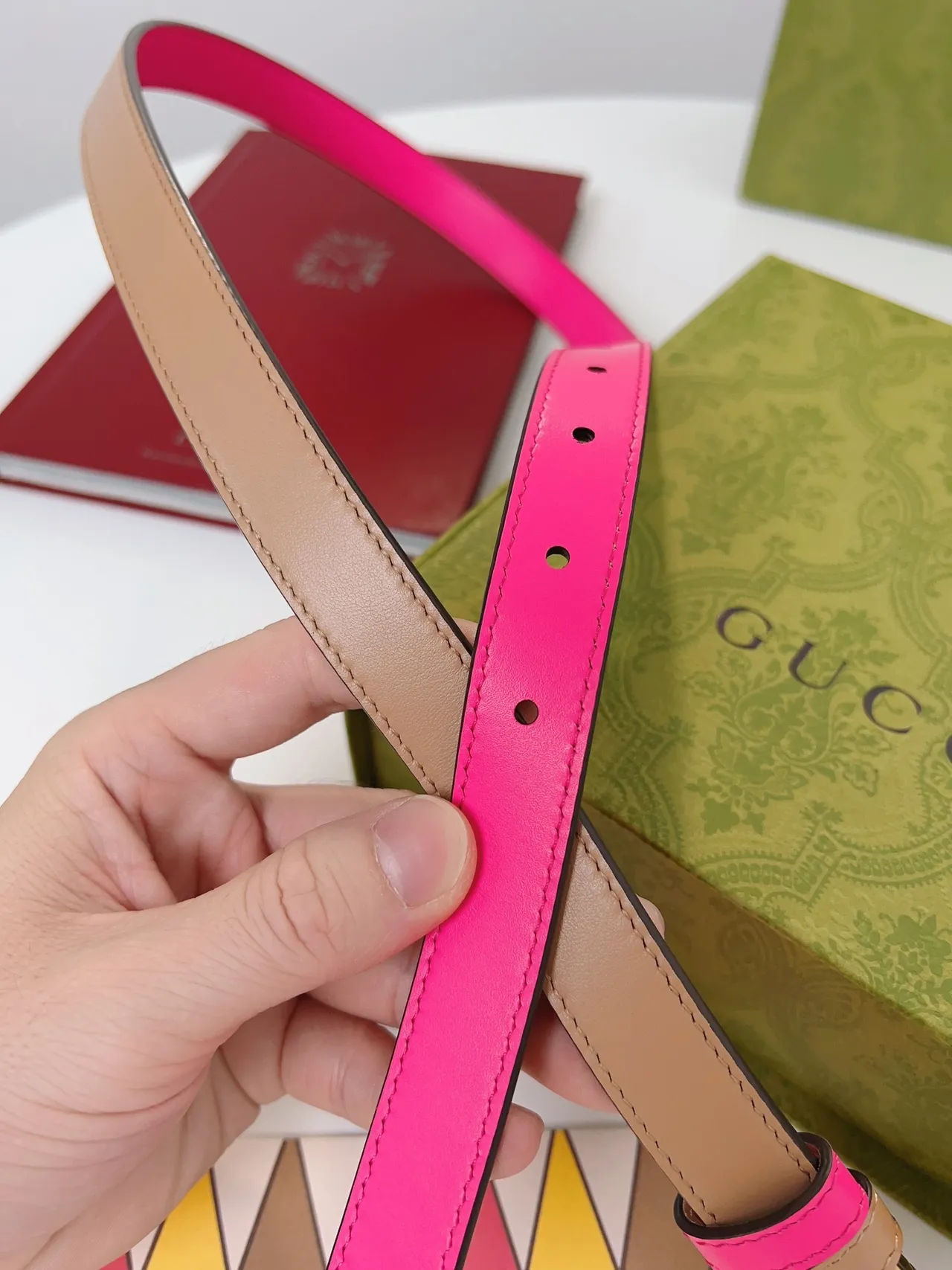 Gucci GG Marmont حزام جلدي ثنائي اللونين وردي وبيج 5