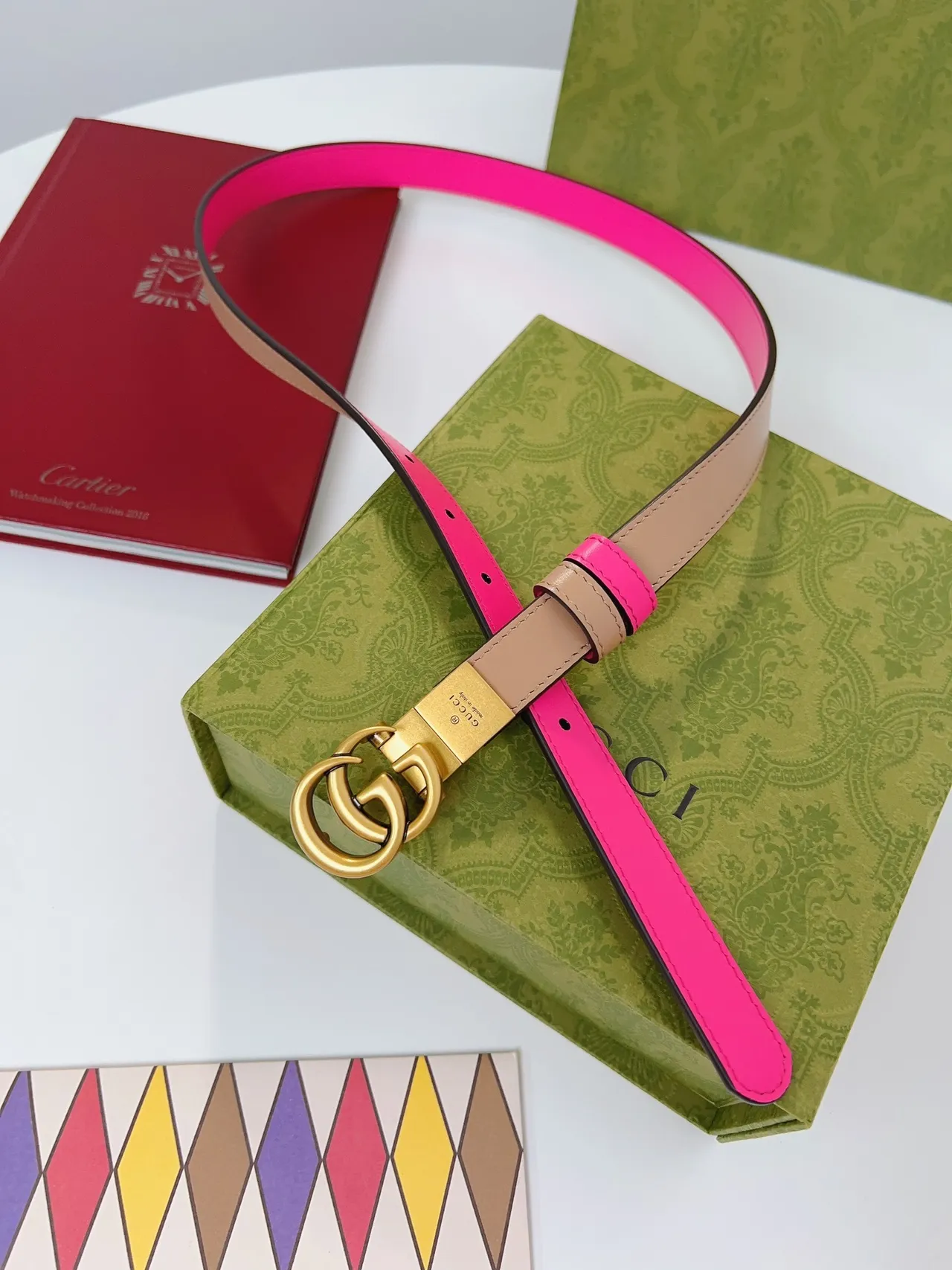 Gucci GG Marmont حزام جلدي ثنائي اللونين وردي وبيج 6