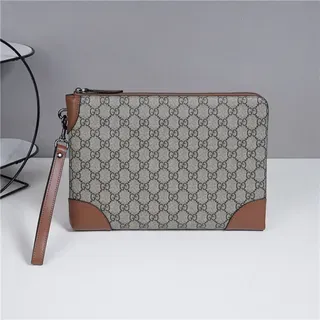Gucci GG Monogram Beige Gray and Brown Leather Wristlet