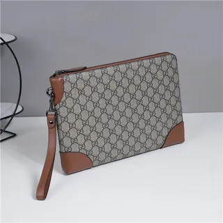 Gucci GG Monogram Beige Gray and Brown Leather Wristlet 17