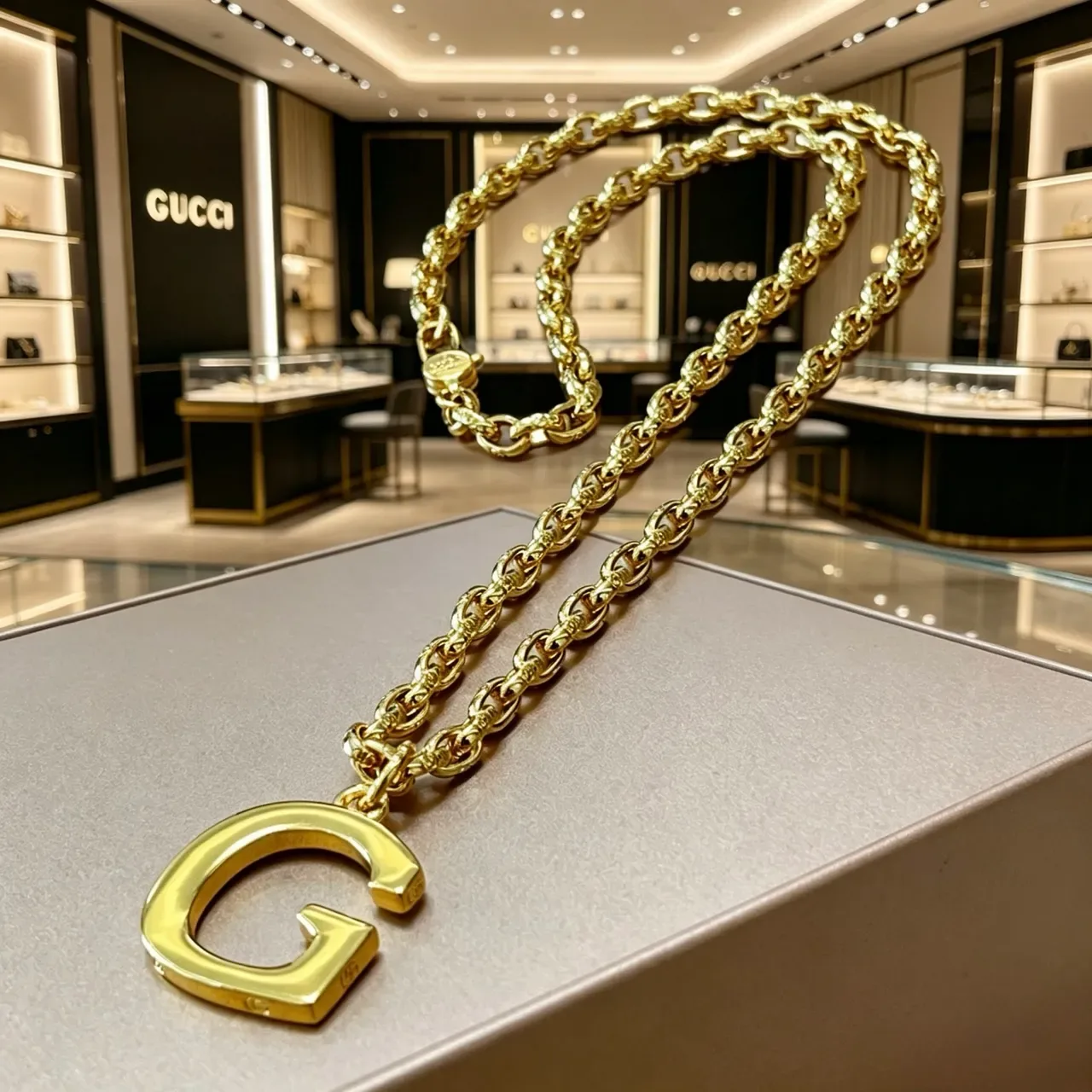 Collier Gucci Chaîne Chunky Curb-Link en Or avec Pendentif G Sculpté Oversized 7