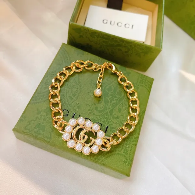 Gucci সোনালী সাদা Curb পার্ল-এমবেলিশড Double G Logos চেইন ব্যাগ 5