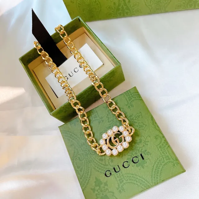 Gucci সোনালী সাদা Curb পার্ল-এমবেলিশড Double G Logos চেইন ব্যাগ 7