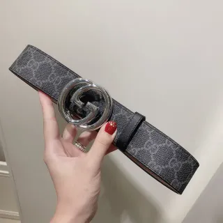 Gucci ग्रे काला Interlocking G Buckle Monogram GG कैनवास लेदर बेल्ट