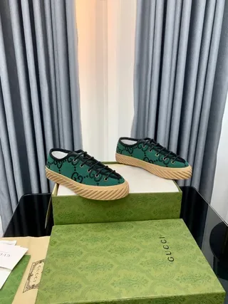 Gucci Verde Preto GG Monogram Malha Superior Bege Sola Estilo Crepe Tênis Lifestyle 7