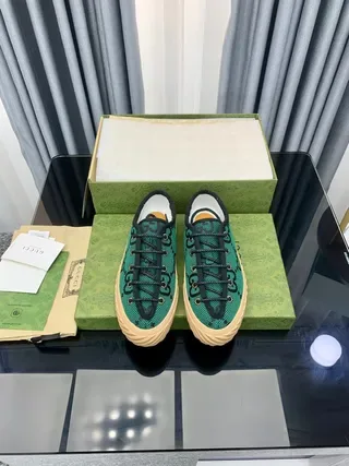 Gucci Verde Preto GG Monogram Malha Superior Bege Sola Estilo Crepe Tênis Lifestyle 8