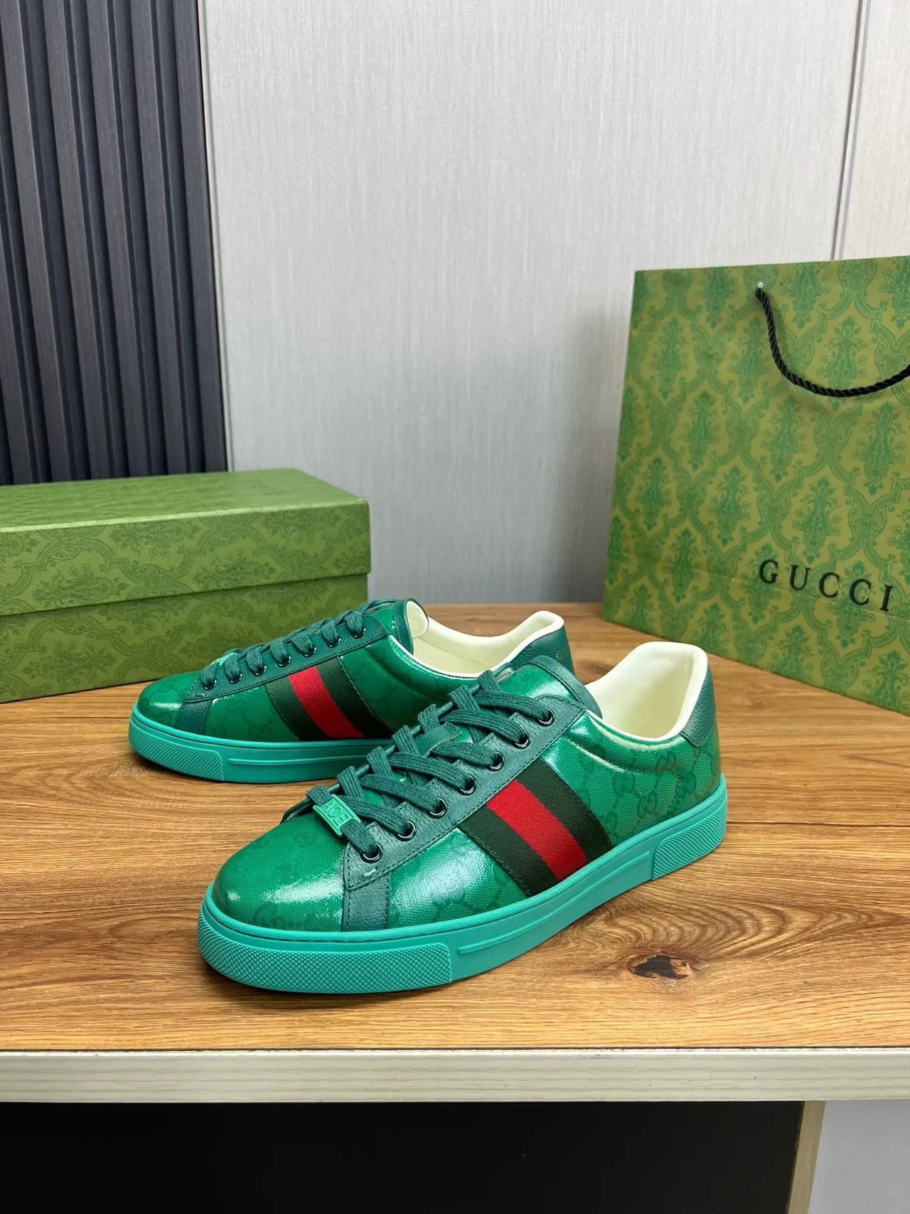 Gucci Verde Azul Superior Brillante GG Monogram Print Zapatillas Lifestyle 3