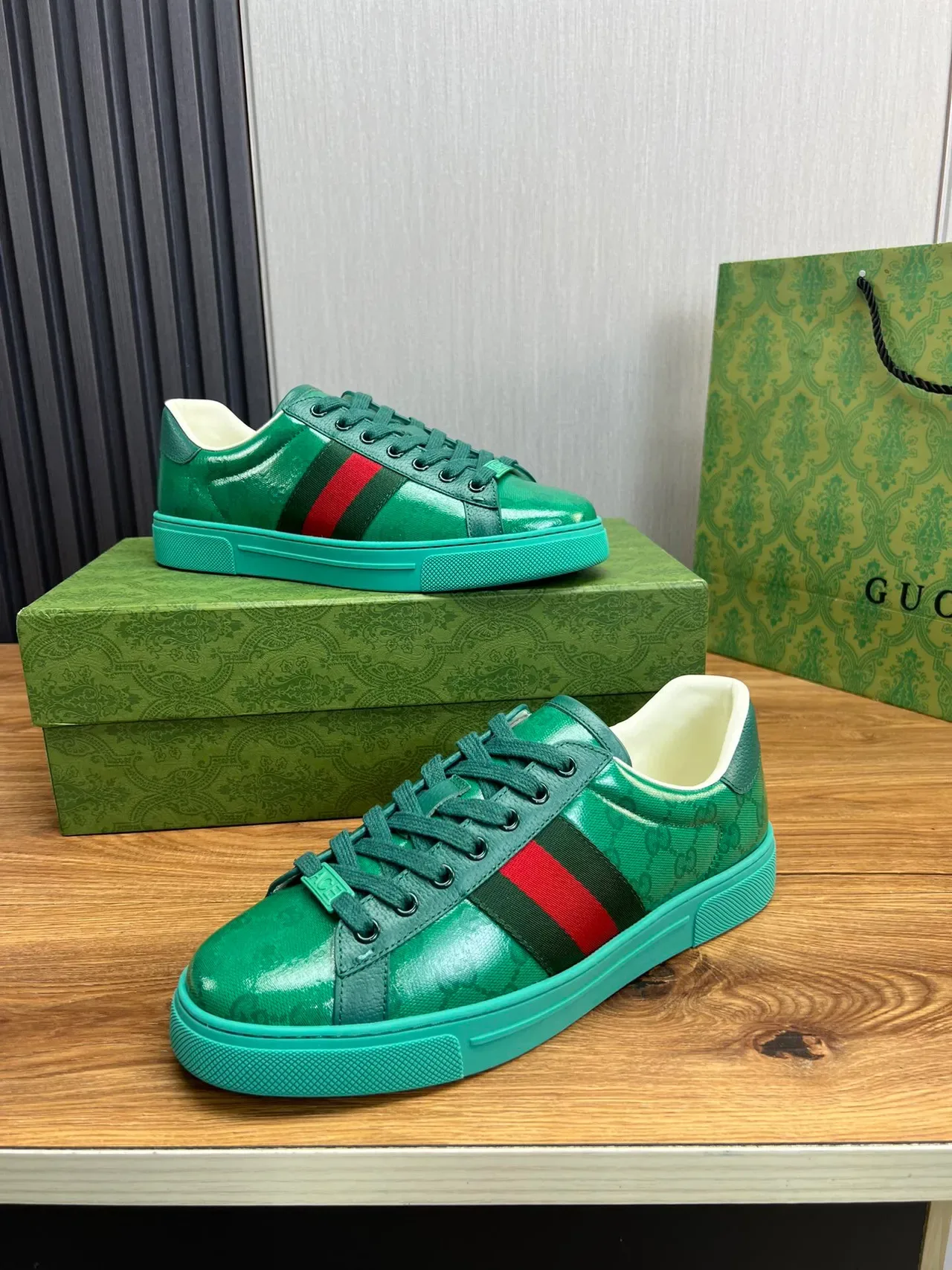 Gucci Verde Azul Superior Brillante GG Monogram Print Zapatillas Lifestyle 4