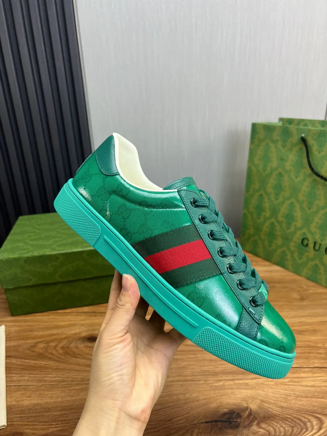Gucci Verde Azul Superior Brillante GG Monogram Print Zapatillas Lifestyle 7