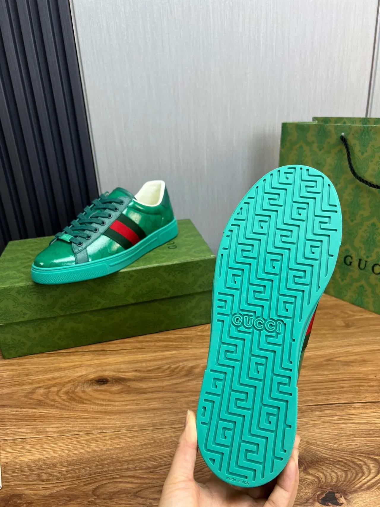 Gucci Verde Azul Superior Brillante GG Monogram Print Zapatillas Lifestyle 9