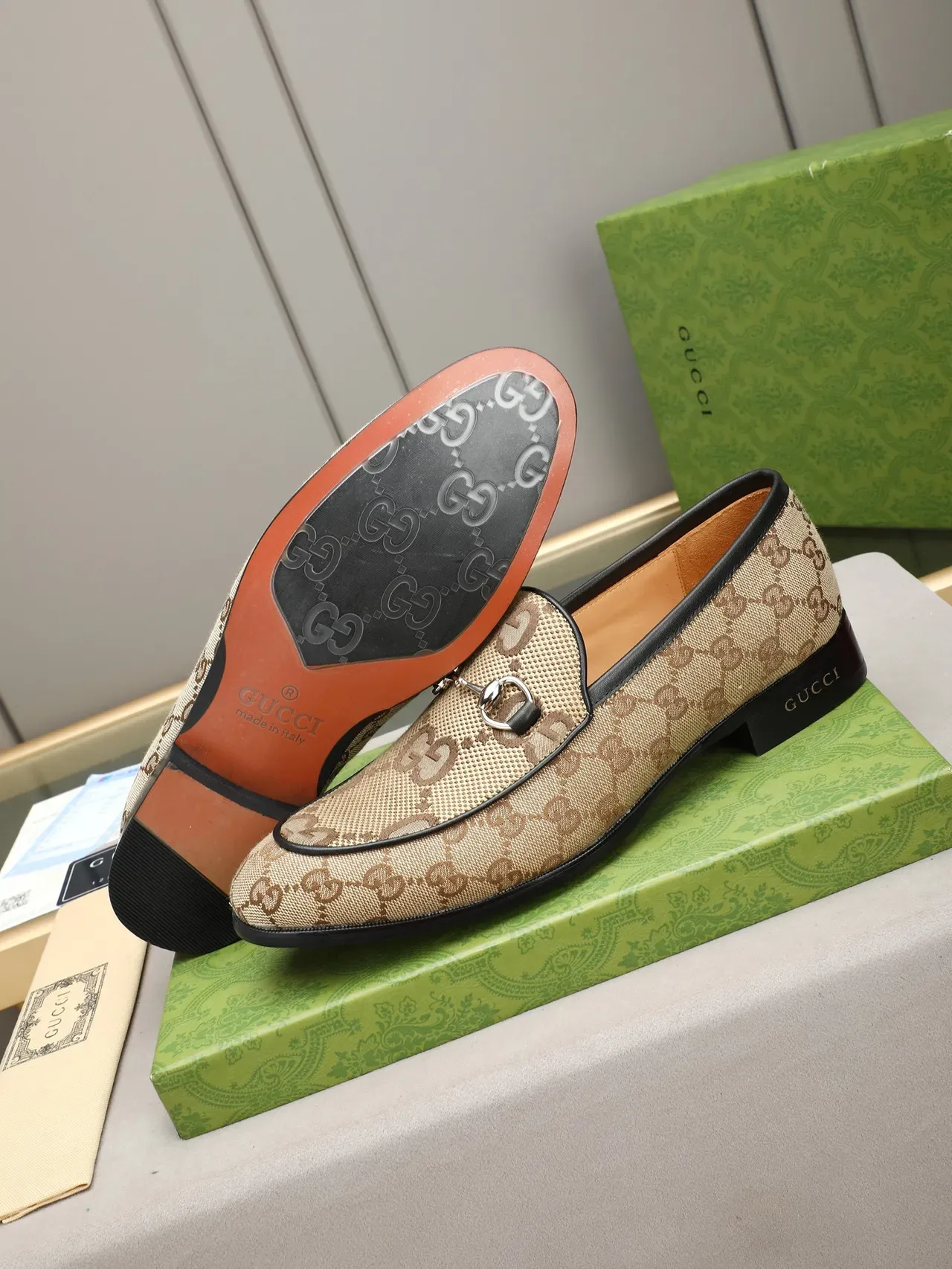Gucci Horsebit 1955 बेज ब्राउन GG Monogram Canvas Black Leather Trim लोफर 4