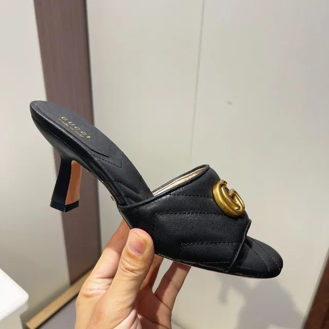 Gucci Horsebit 1955 काली सोने की क्विल्टेड चमड़ी interlocking G बकिल ब्लॉक हील 8