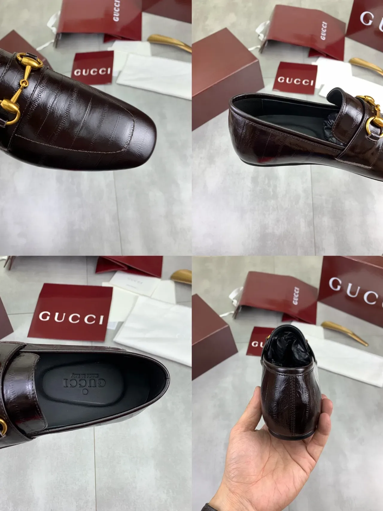 Gucci Horsebit 1955 棕色金扣鳄鱼纹皮革乐福鞋 2