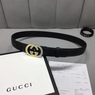 Gucci Interlocking G काला दो टोन चमड़े का बेल्ट