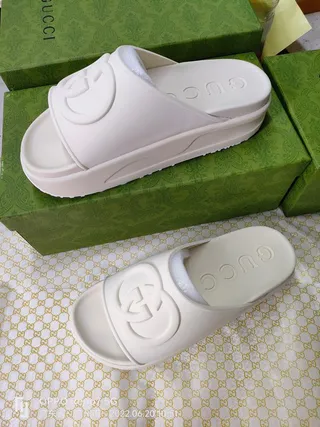 Gucci Interlocking G Logo Slide White Molded Rubber Slippers 5