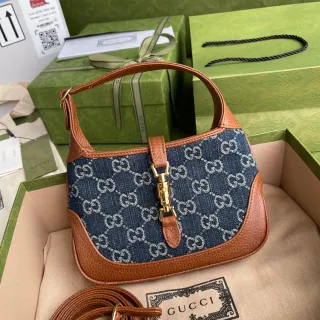 Gucci Jackie 1961 डेनिम GG Monogram Tan Leather Boston Bag