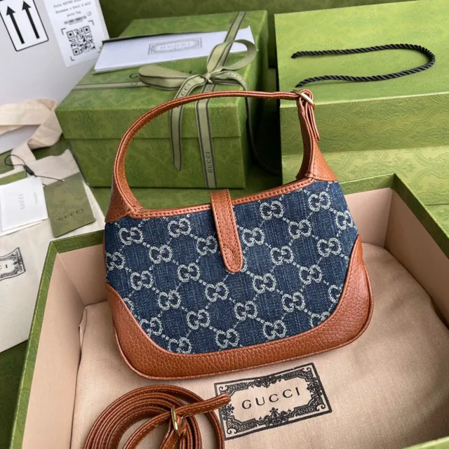 Gucci Jackie 1961 ডেনিম GG Monogram Tan Leather Boston Bag 9