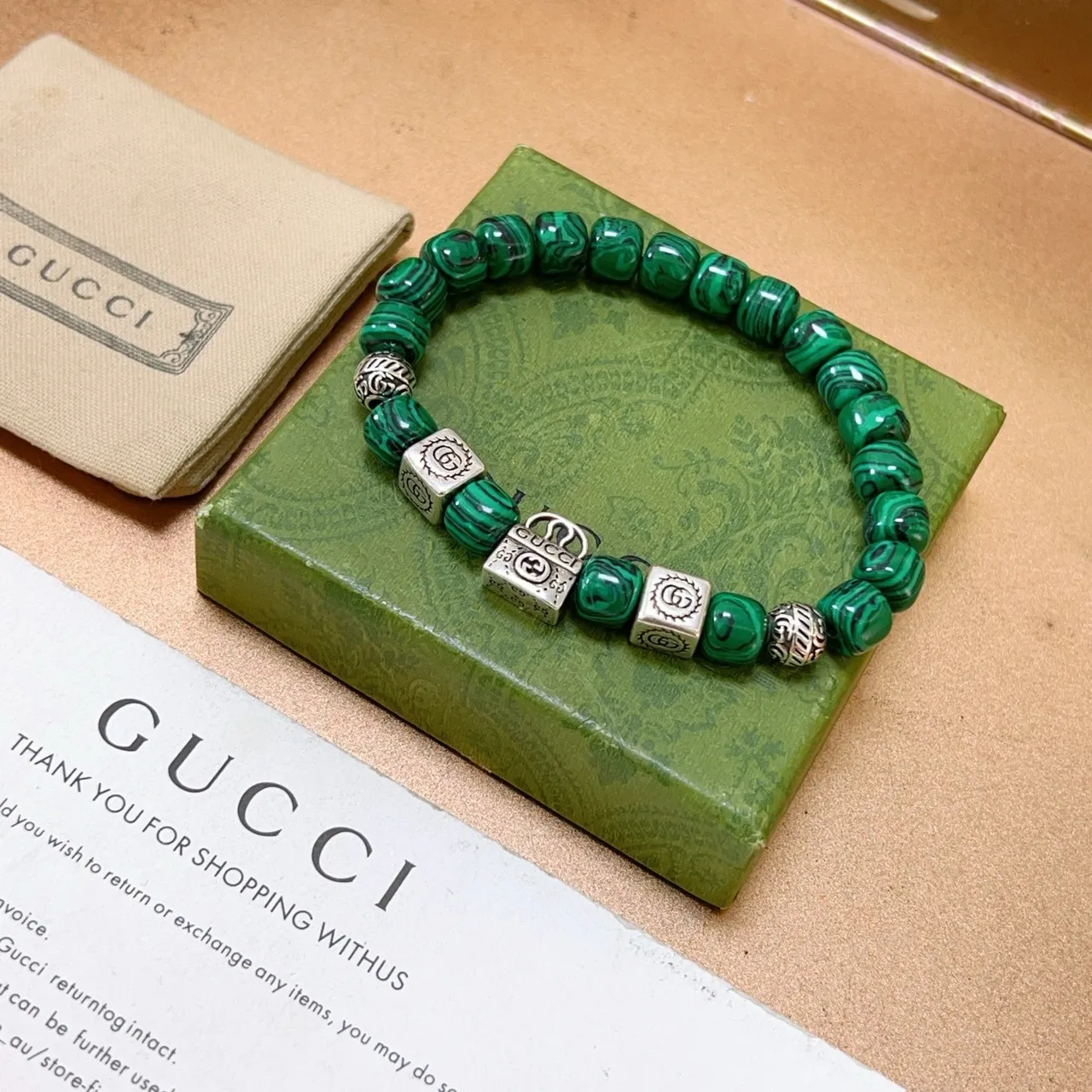 Gucci Malachite Bead and Interlocking G Charm Bracelet 2