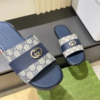 Gucci Navy Beige GG Monogram Canvas Leather Trim Slippers